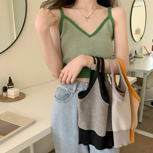 キャミソール ボーダー柄 ショート丈 レディース タンクトップ へそ出し サマーニット ノースリーブ インナー 重ね着 ニットトップス かわいい ニットキャミ 80XINSIYA-004